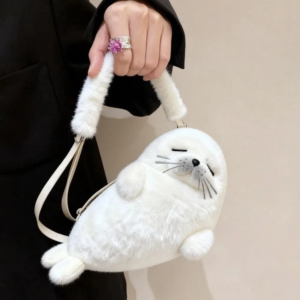 Cute Seal Plush Shoulder Bag - Soft Fluffy Cartoon Crossbody Phone Bag with Adjustable Strap