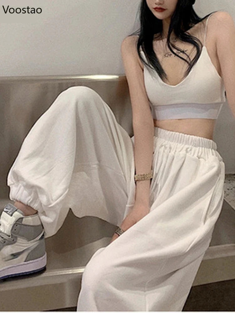 Women's White Wide Leg Jogger Sweatpants - Casual Fashion Sports Ankle-Length Trousers