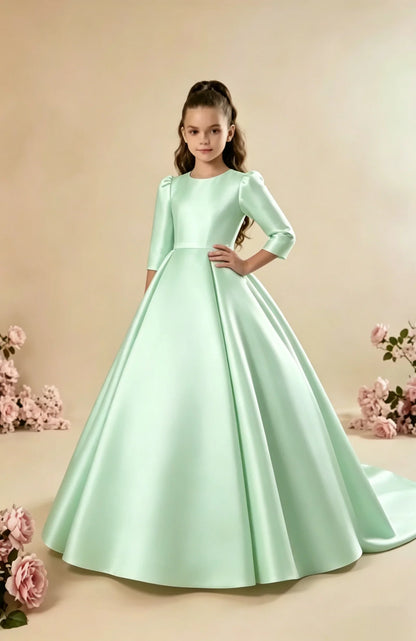 Girls First Communion Satin Dress - Long Sleeve A-Line Princess Gown for Weddings & Parties