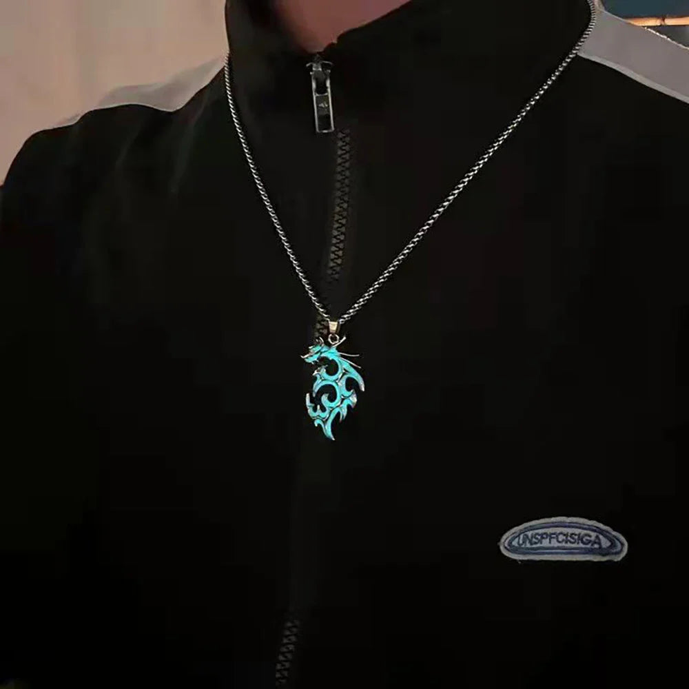 Hip-Hop Rock Dragon Necklace – Stainless Steel Chain with Luminous Alloy Pendant, Glow-in-the-Dark Night Dance Jewelry