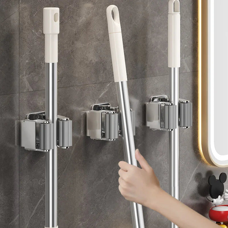Stainless Steel Mop Clip Holder — Wall-Mounted Broom & Brush Hanger Rack for Kitchen & Bathroom Organization