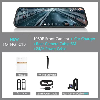 10-Inch Mirror Camera for Car – Touch Screen Video Recorder, Front & Rear Dash Cam, Rearview Mirror DVR Black Box
