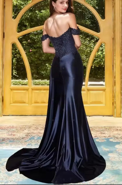 Women’s Dark Navy Off-Shoulder Prom Dress — Sweetheart Beaded Lace Corset Evening Gown with High Side Slit 2025