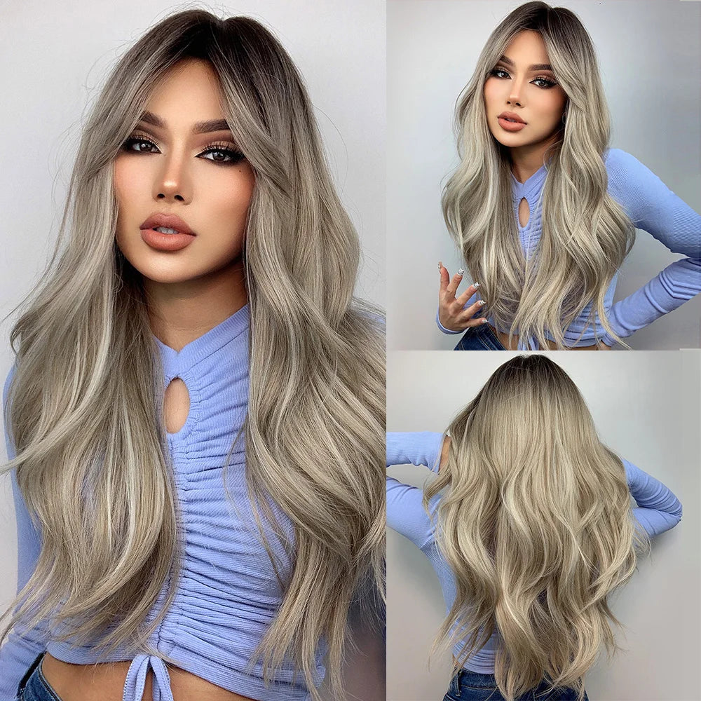 Ombre Honey Brown Long Synthetic Wig with Bangs — Wavy, Realistic, Soft, Heat-Resistant Hair for Daily & Party