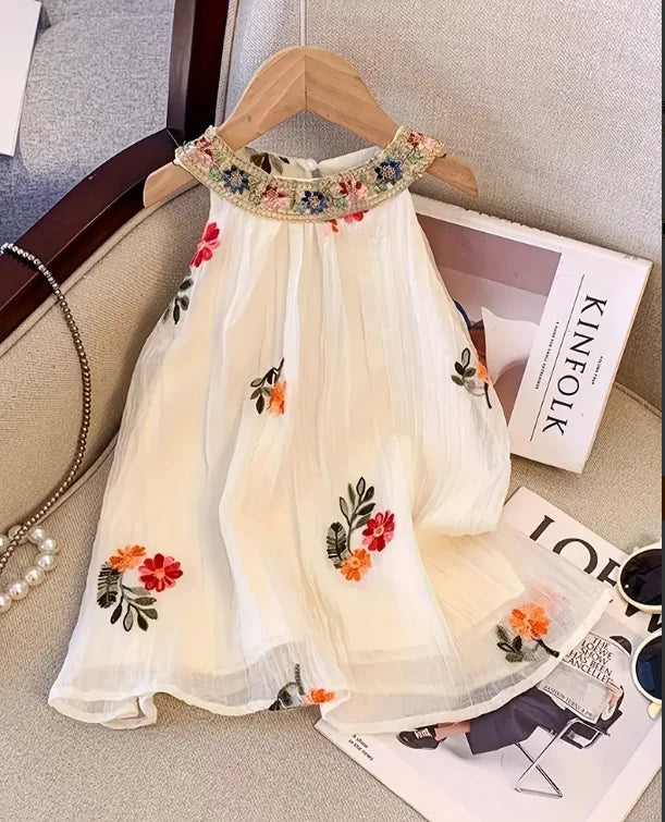 Summer Girls Bohemian Halter Neck Dress – Floral Embroidered Sleeveless Mesh Layered Dress