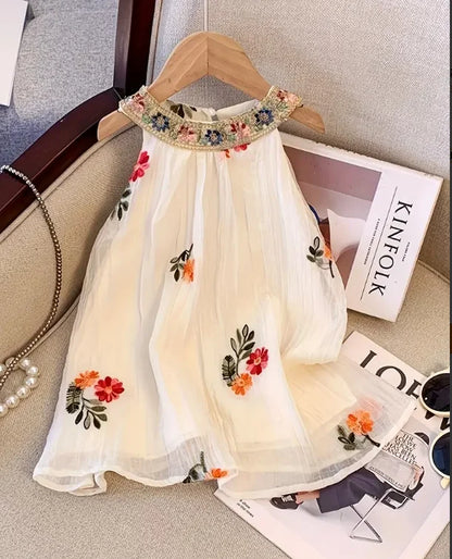 Summer Girls Bohemian Halter Neck Dress – Floral Embroidered Sleeveless Mesh Layered Dress