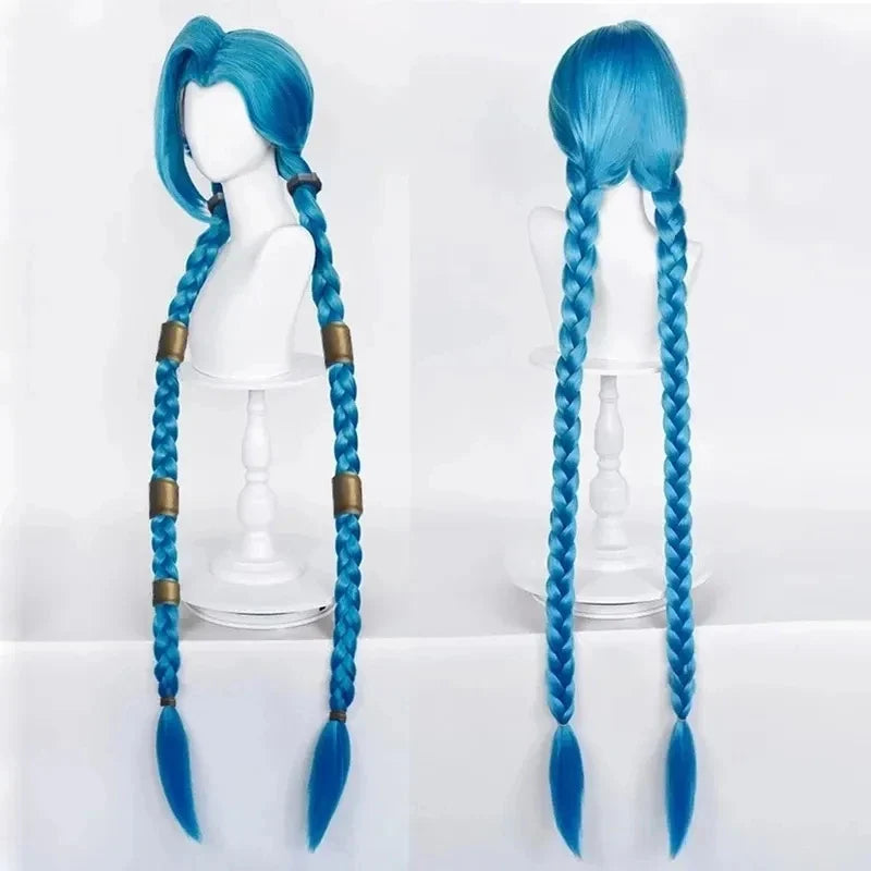 LOL Jinx Cosplay Wig – Long Braided Blue The Loose Cannon Wig, Heat Resistant Synthetic Anime Hair with Blue Braid