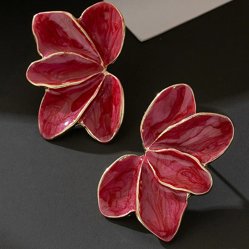 Metal Flower Red Enamel Petal Post Earrings — Trendy Fashion Jewelry for Women, Daily & Holiday Accessories MQ478