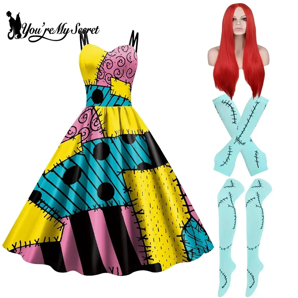 Sally Halloween Cosplay Dress Set - Long Sleeve Party Costume with Wig & Socks