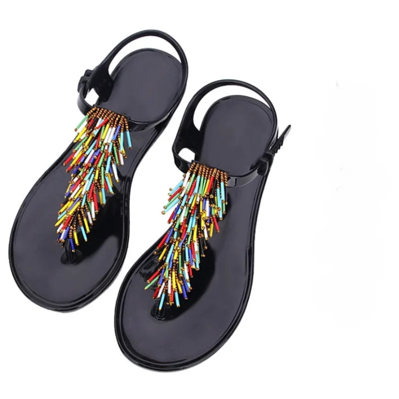 Women's Black Crystal PVC Flip-Flop Sandals – Low Heel Summer 2024 Luxury Footwear