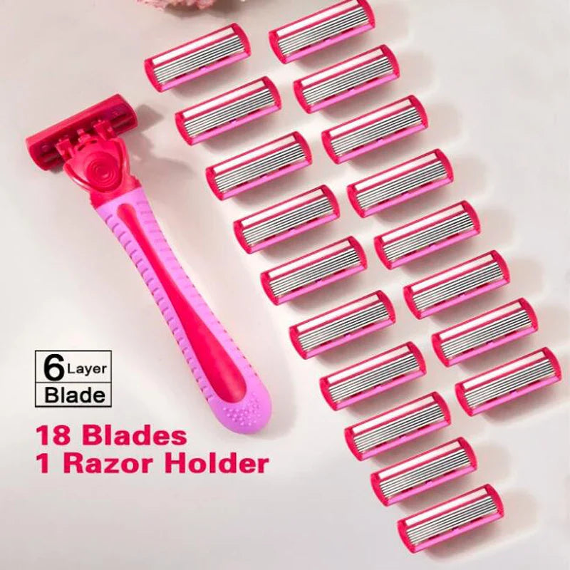 Women’s 6-Layer Manual Safety Razor Set – 1 Handle + 18 Stainless Steel Replaceable Blades