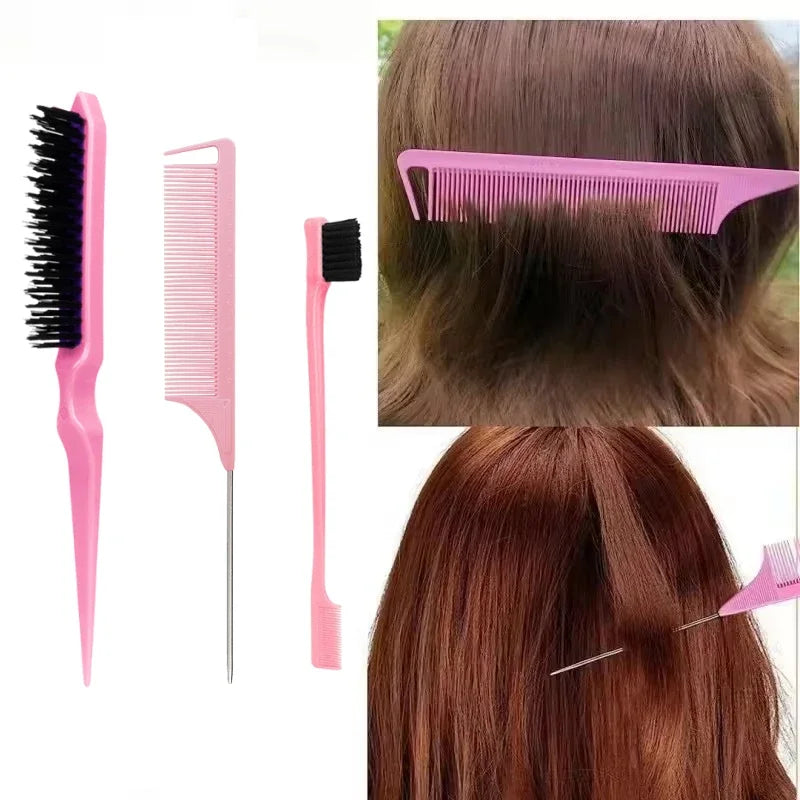3PCS Hair Styling Comb Set – Teasing Brush, Rat Tail Comb, Edge Brush & Braid Tool for Hair Styling