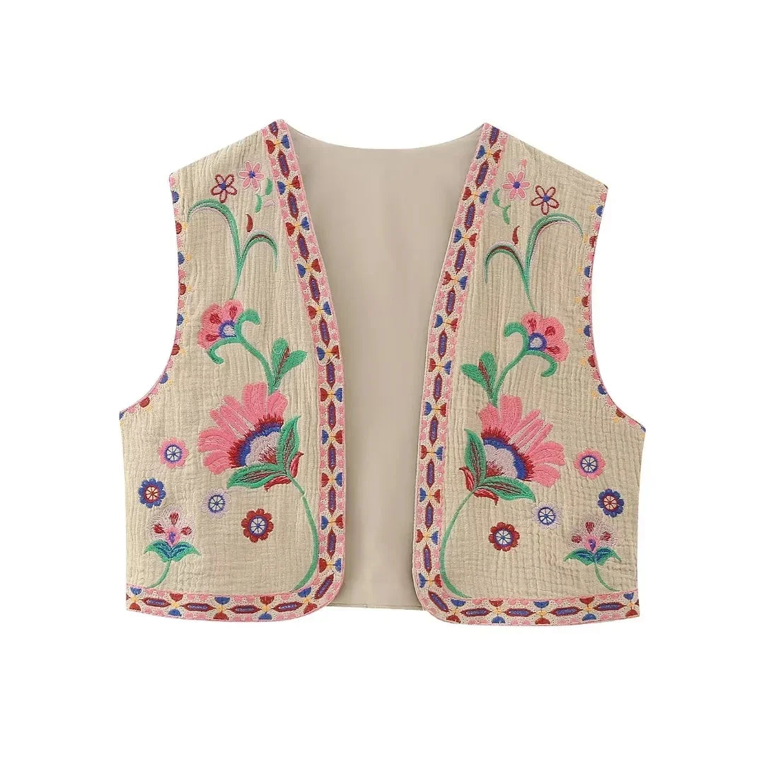 KEYANKETIAN Women's Vintage Floral Embroidered Open Waistcoat – National Style Vest Jacket, Casual Vacation Crop Top