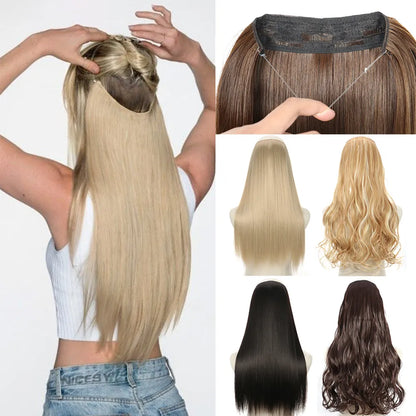 Natural-Looking Synthetic Hair Extension: No-Clip Long Straight Hairpiece in Blonde, Black, and Mixed Colors - False Hair Piece for Women