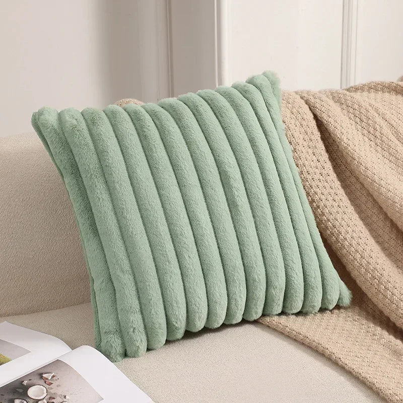 Faux Rabbit Fur Cushion Cover – Plush Soft Fluffy Striped Decorative Pillowcase for Luxury Sofa Home Decor