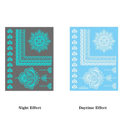 Blue Luminous Glow Henna Temporary Tattoo Stickers – Waterproof Mandala Lace Floral Body Art for Women & Men