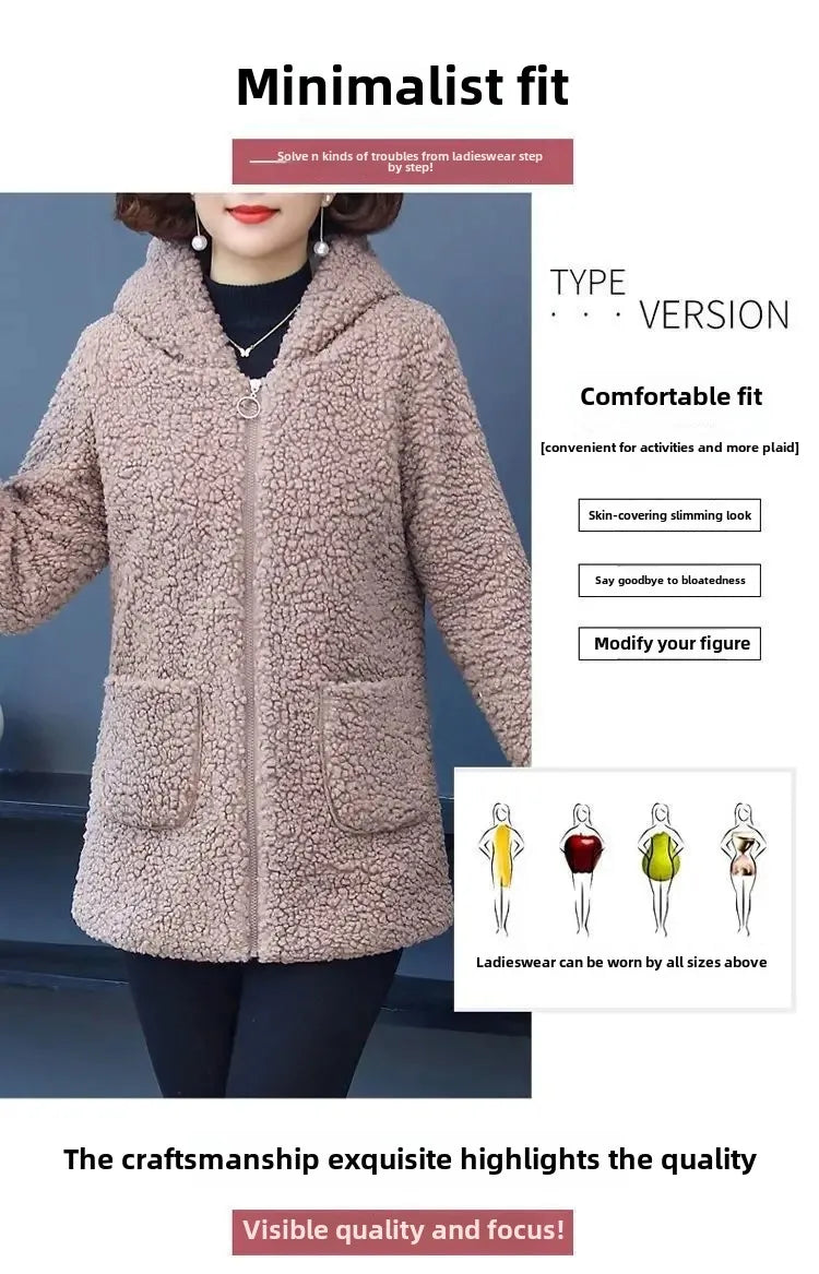 Women’s Thickened Hooded Cotton Jacket – Fleece-Lined Winter Coat, Warm Mommy-Style Outerwear by AE Stock