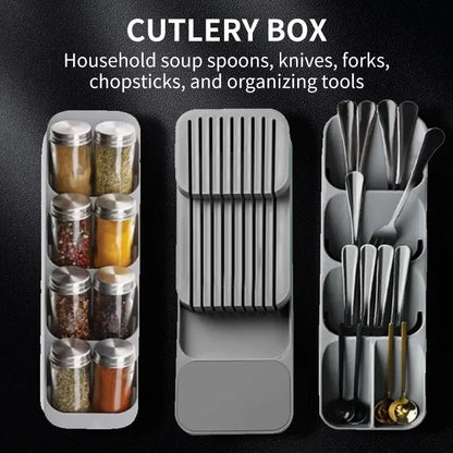 Kitchen Drawer Cutlery Organizer – Knife, Spoon & Fork Storage Tray with Spice Bottle Holder