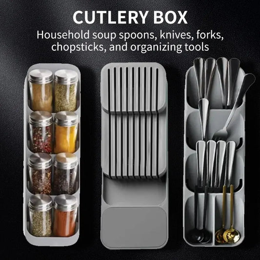 Kitchen Drawer Cutlery Organizer – Knife, Spoon & Fork Storage Tray with Spice Bottle Holder
