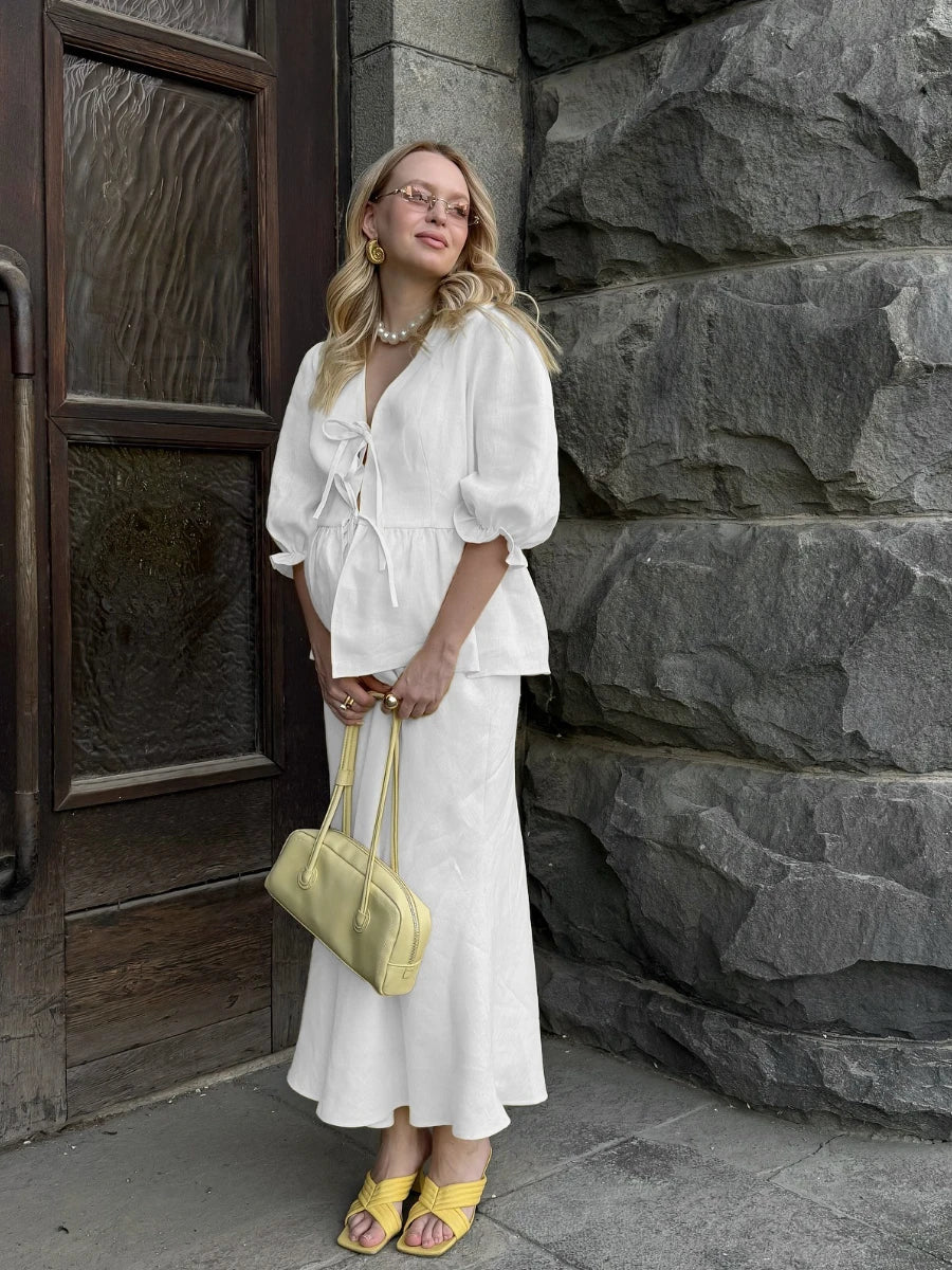 Bornladies Women’s 100% Cotton Summer Two-Piece Set – V-Neck Lace-Up Bubble Sleeve Top & Long Skirt Casual Loose Outfit 2025