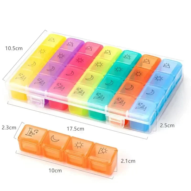 21/28-Grid Pillbox Storage — Portable Weekly 7-Day Medication Organizer, Plastic Pill Container Case