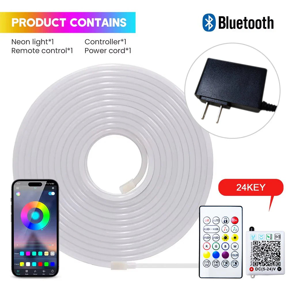 EU Plug DC24V RGB Neon LED Strip – 3535 Bluetooth Music Sync Waterproof Rope Light, 5-30M for Indoor & Outdoor Decor