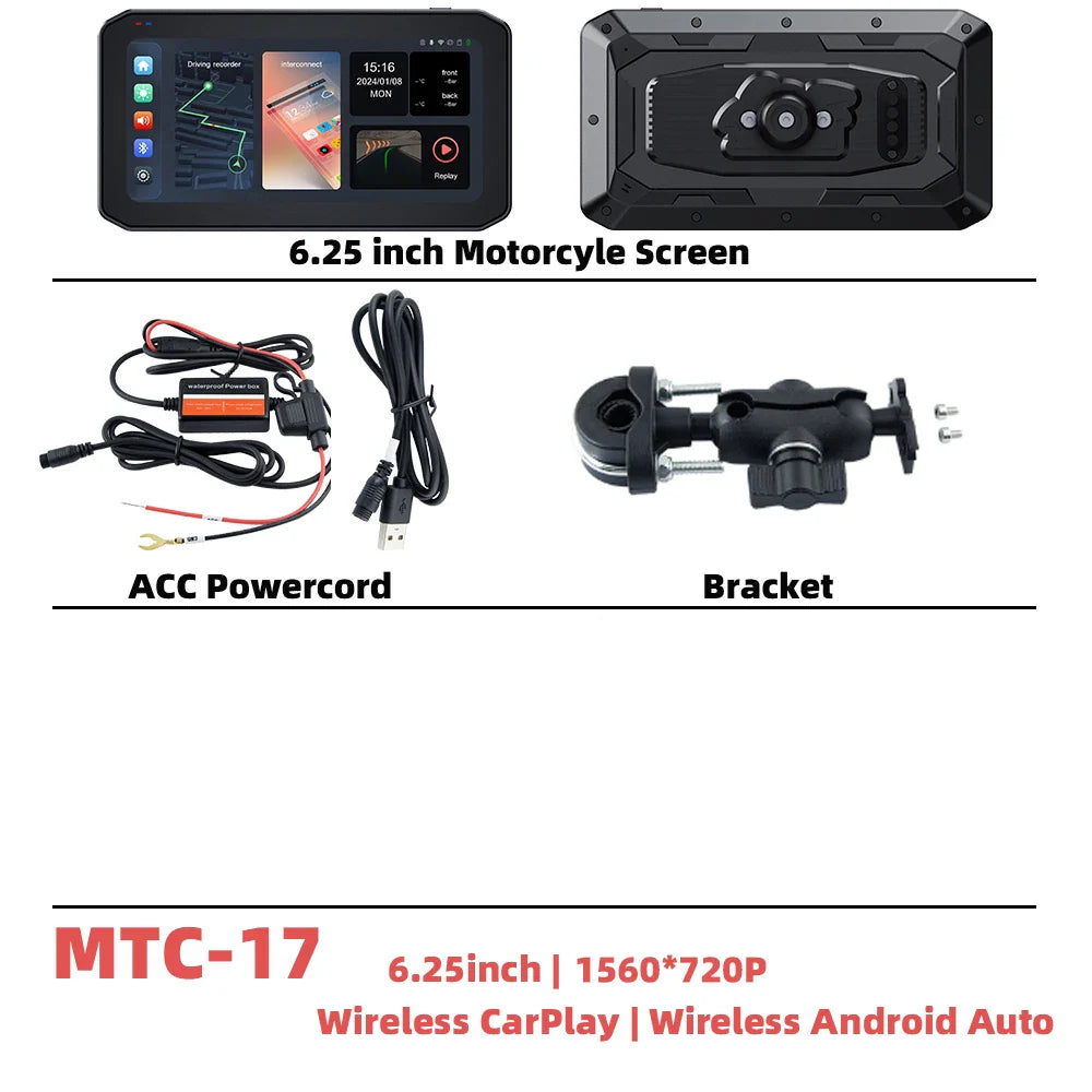 EKIY 6.25" Wireless CarPlay Motorcycle Display – Android Auto GPS Navigation Screen with TPMS Monitoring Portable Dashboard Unit