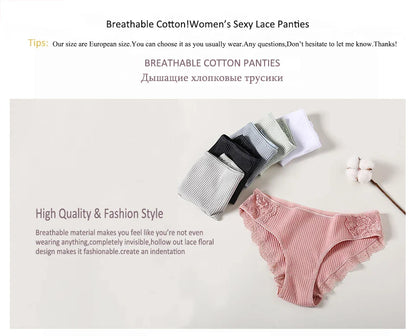 Floral Lace Cotton Women’s Panties - Comfortable Briefs, Solid Color Underwear, 3PCS/Set, Sizes M-XXL