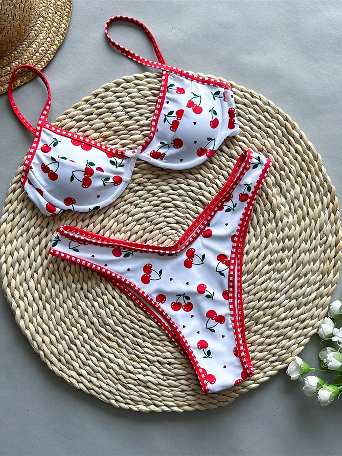 Women’s Cherry Print Underwired Bikini Set – Brazilian Two-Piece Swimwear, Sexy Bathing Suit Beachwear K5913