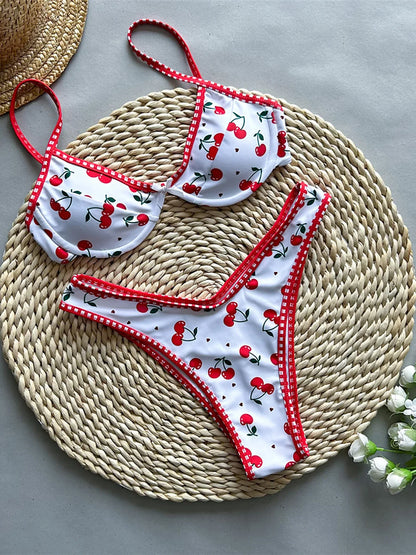 Women’s Cherry Print Underwired Bikini Set – Brazilian Two-Piece Swimwear, Sexy Bathing Suit Beachwear K5913