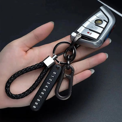 Trendy DIY Mobile Number Plate Keychain – Men’s Punk Woven Leather Rope, Anti-Lost Car Keychain Accessory