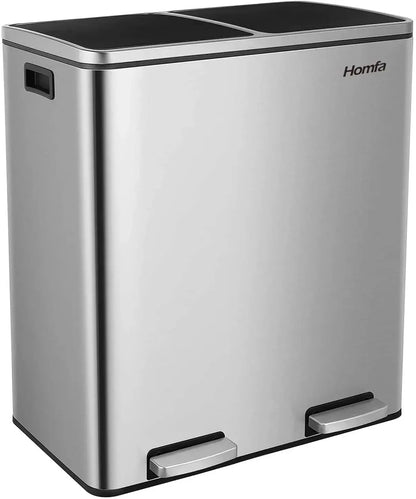 60L Dual Compartment Kitchen Step Trash Can – Hands-Free, Soft-Close Lid, Brushed Stainless Steel