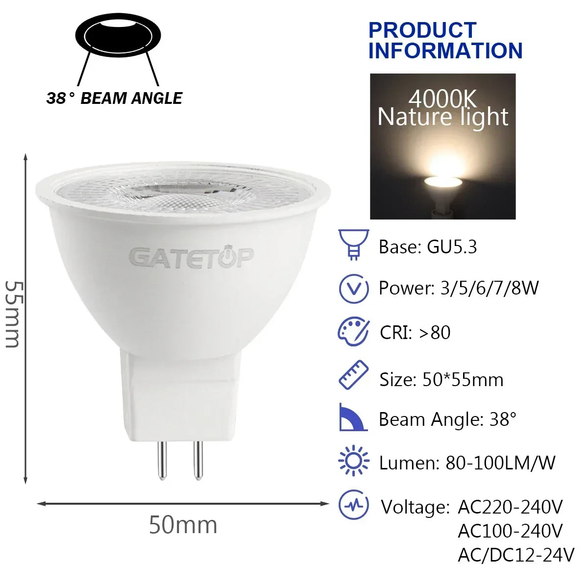 10PCS MR16 GU5.3 LED Bulb – Full Voltage AC/DC 12V–220V Spotlight, Flicker-Free White Light for Home, Study & Indoor Lighting
