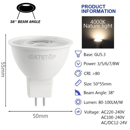 10PCS MR16 GU5.3 LED Bulb – Full Voltage AC/DC 12V–220V Spotlight, Flicker-Free White Light for Home, Study & Indoor Lighting