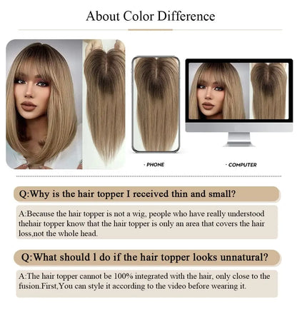 10" Brown Ombre Remy Human Hair Topper – Straight with Bangs, Silk Base, Clip-In Extension for Women