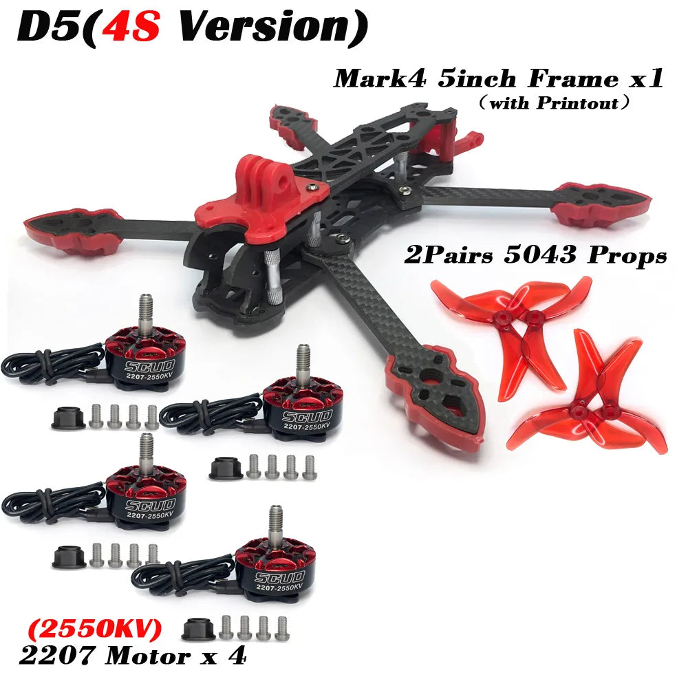 Mark4 5-Inch D5/D5C FPV Carbon Fiber Frame – 5mm Arm, 5043 Propeller, F4V3S FC, 45A ESC Stack & ELRS 915MHz Drone Kit