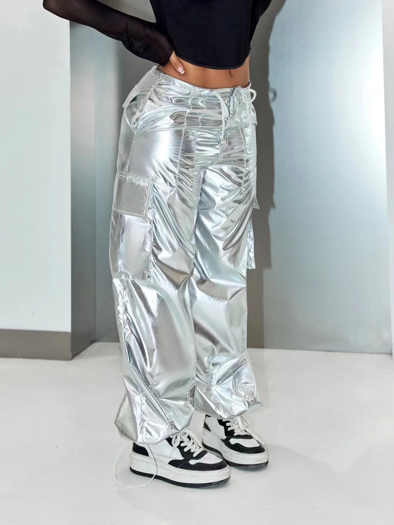 Y2K Street Style Wide Leg Cargo Pants – Silver Metallic Flap Pocket Drawstring Waist Parachute Festival Outfit