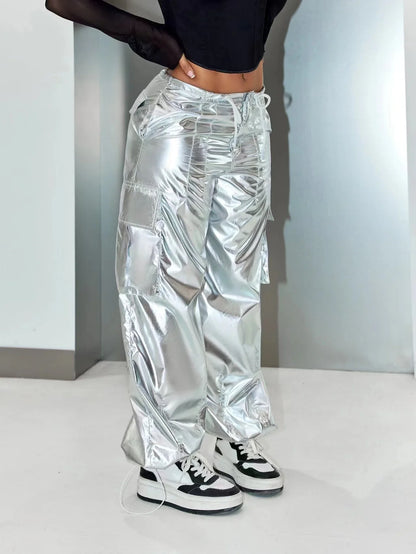 Y2K Street Style Wide Leg Cargo Pants – Silver Metallic Flap Pocket Drawstring Waist Parachute Festival Outfit