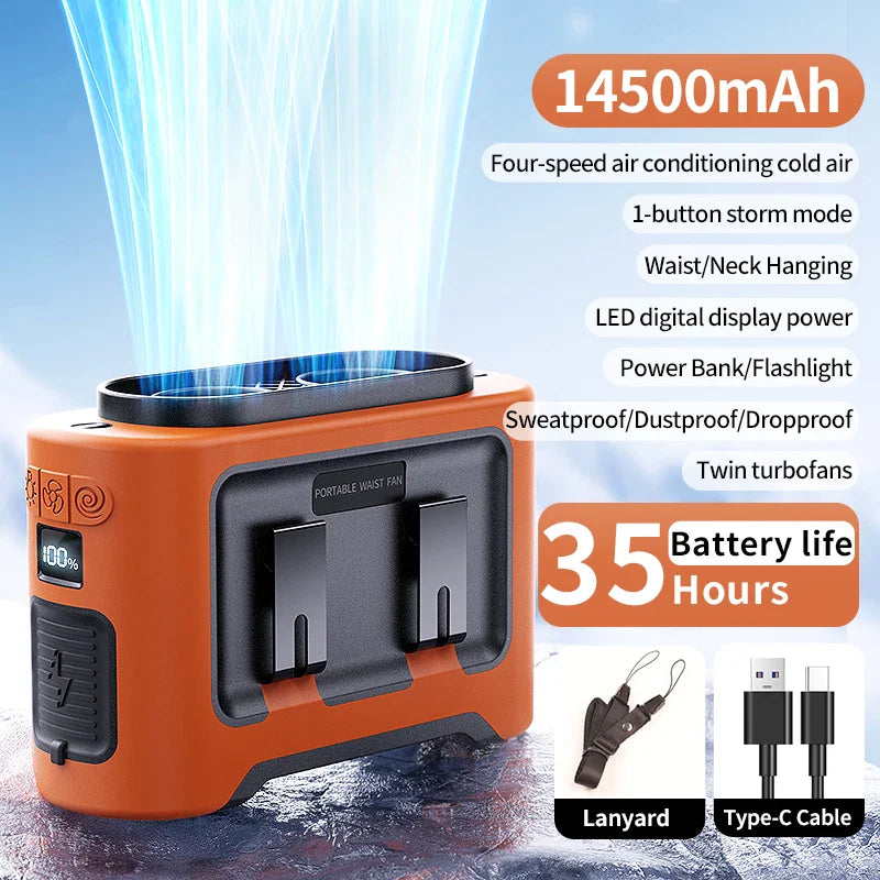 Socoolfan 14500mAh Portable Waist & Neck Fan – Dual Air Vent Strong Cooling Fan for Outdoor Work, Travel & Sports