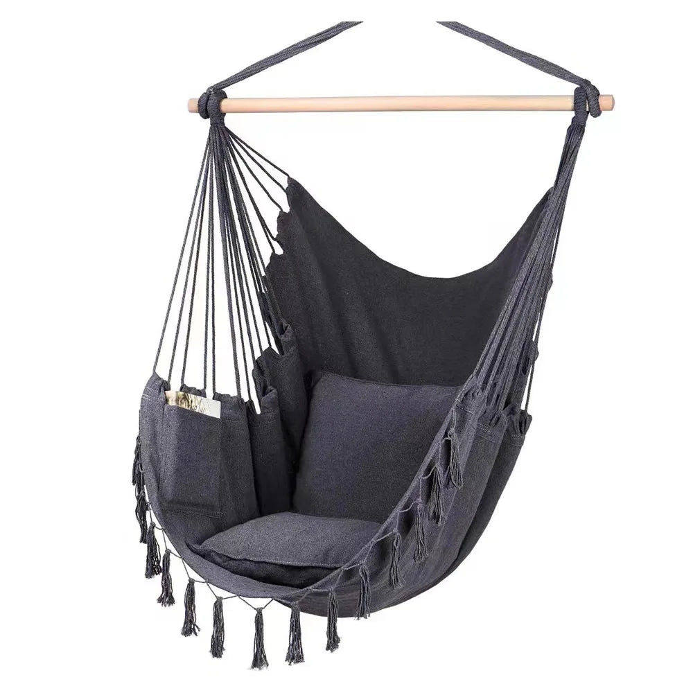 Macrame Hanging Chair with 2 Pillows – 500lb Cotton Rope Swing with Pocket Design for Indoor & Outdoor Use