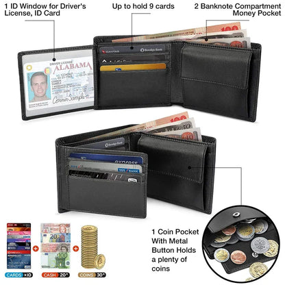 Men’s Slim RFID Blocking Genuine Leather Wallet — Coin Pocket, 2 Banknote Compartments & 10 Credit Card Slots
