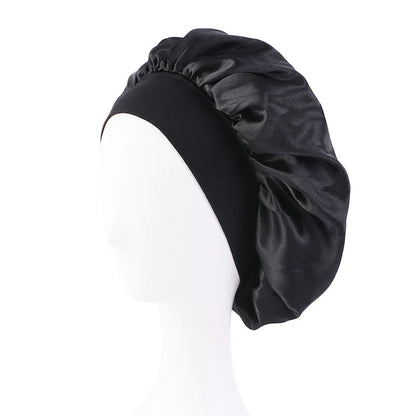 Ultimate Comfort: New Women's Satin Solid Wide-Brimmed Sleeping Hat - Unisex Elastic Band Cap for Hair Care - Bonnet de Nuit