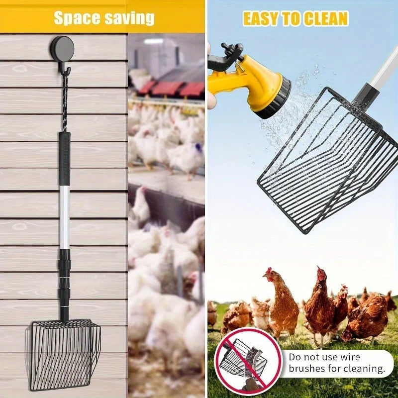3-in-1 Adjustable Chicken Litter Scoop – Durable Metal Shovel for Easy Sifting, Ideal for Pine Pellets, Coop Cleaning Tool for Poultry Waste Removal