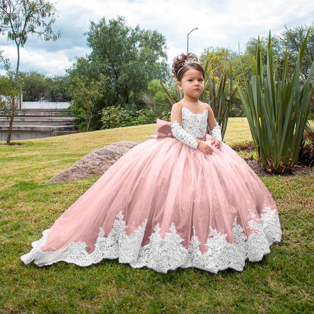 Flower Girl Wedding Dress - Long Sleeve Satin Bow Ball Gown for Toddlers & Girls