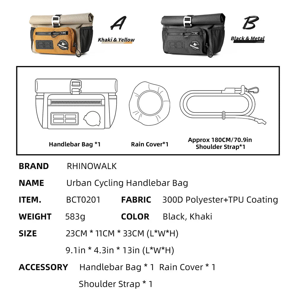 Rhinowalk 4L Bike Handlebar Bag — Quick Release Front Tube Basket with MOLLE for Brompton Folding Bikes