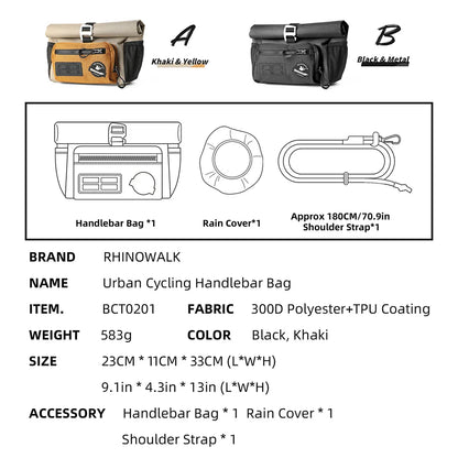 Rhinowalk 4L Bike Handlebar Bag — Quick Release Front Tube Basket with MOLLE for Brompton Folding Bikes