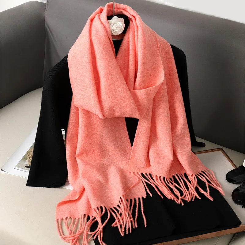62-Color Solid Women’s Winter Scarf — Thick Warm Cashmere Pashmina Shawl with Tassels, Outdoor Luxury Wrap, Windproof Fashion Scarf