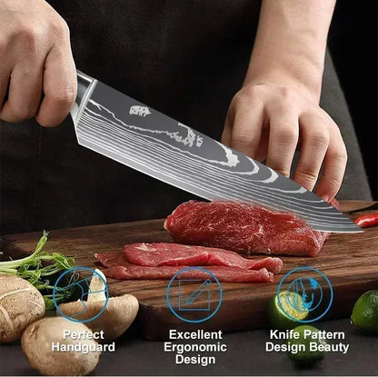 Laser Damascus Kitchen Knife Set – Cleaver, Meat, Fruit, Bread, Boning Knife and Chicken Scissors for Barbecue and Home Cooking