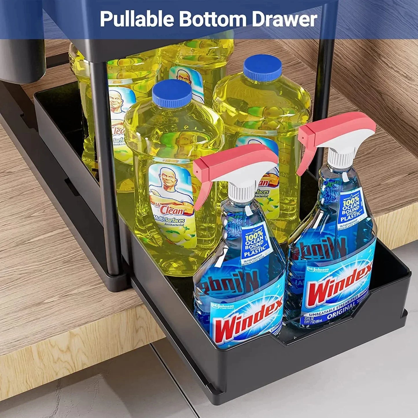 2-Tier Under Sink Sliding Cabinet Organizer — Basket Storage Rack with Hooks for Bathroom & Kitchen