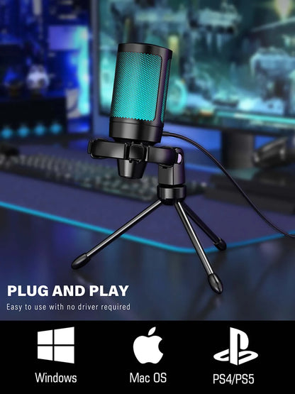 FIFINE AmpliGame A2 RGB USB Gaming Microphone with Mute Touch, Condenser Mic with Tripod for PC PS4 PS5 Laptop Streaming